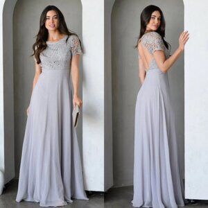 Maniju Lulus Savannah Days Short Sleeve Open Back Gown Maxi Dress Grey Gray New